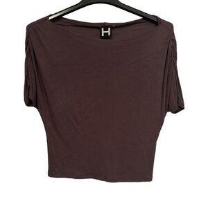 H by bordeaux dolman ruched sleeve lightly ribbed stretchy brown top woman’s med